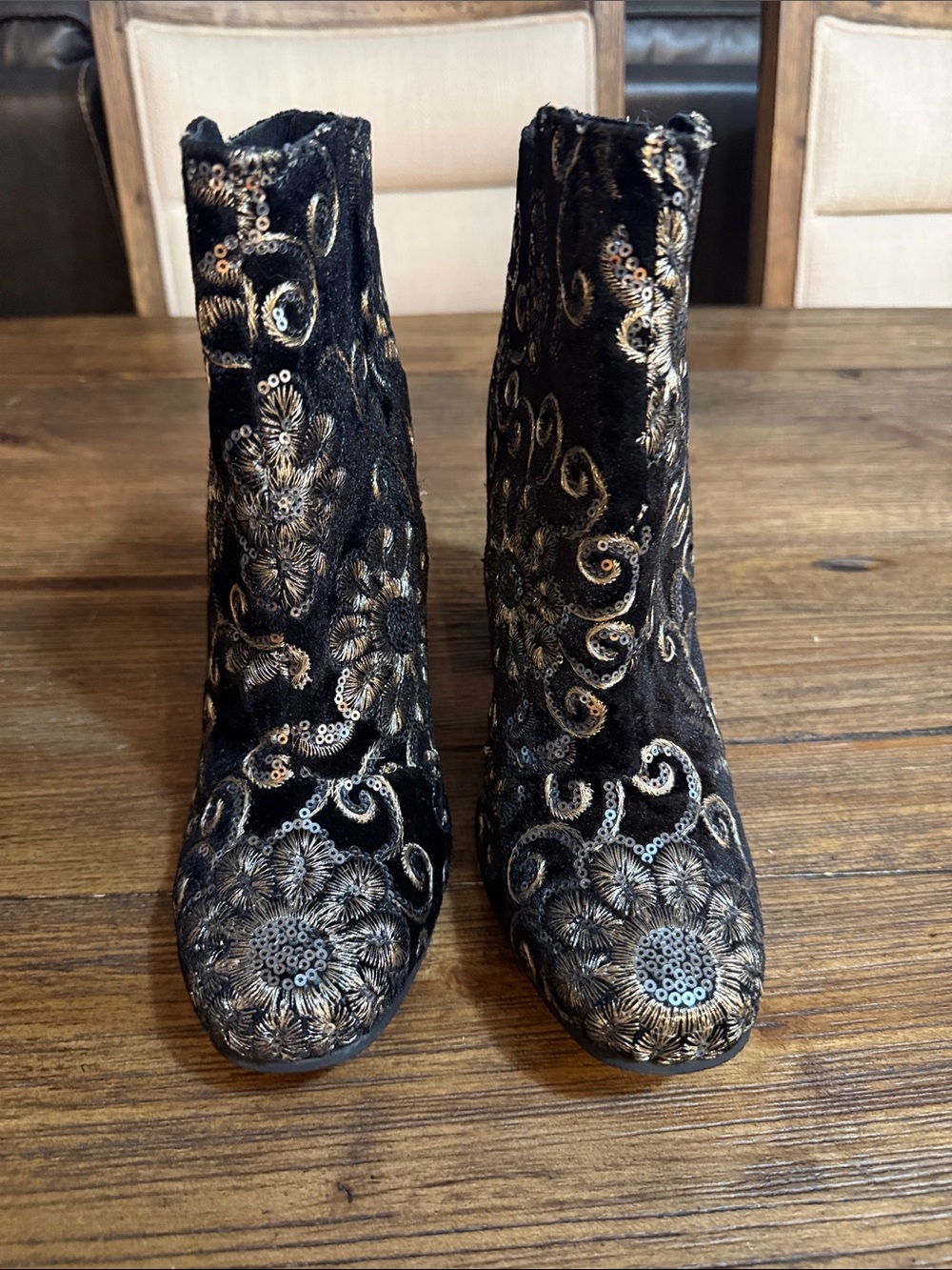 naughty monkey Black Velvet Embroidered Ankle Boots with Gold Sequin Detail